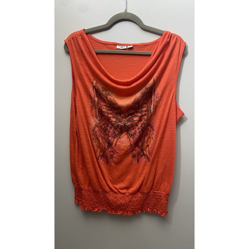 Cato Womens Rolled Scoop Neck Tank Top Deep Orange Butterfly Gypsy Festival SzXL